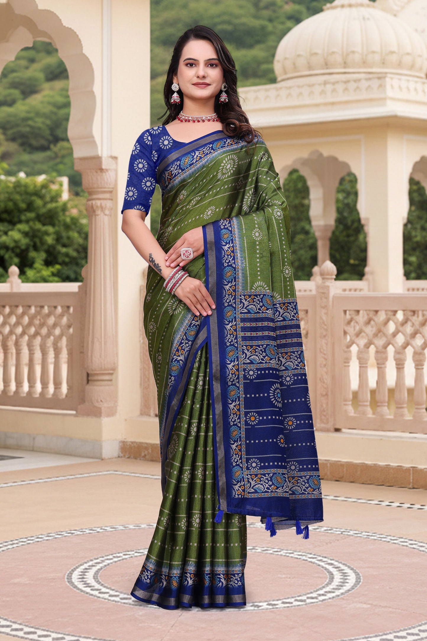 Premium Olive Green Mal Cotton Saree with Royal Blue Border