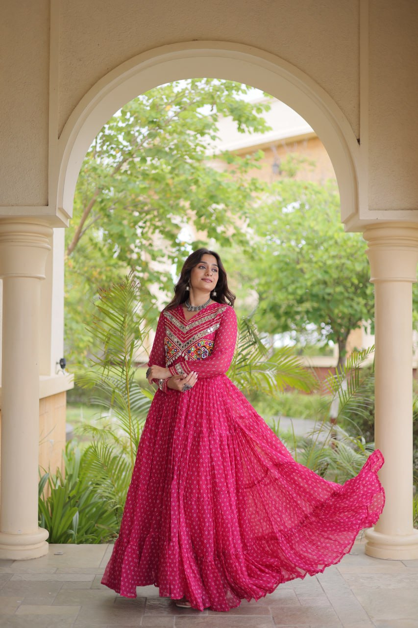 Navratri Special Bandhani Kutchi Work Gown – Heavy Flare