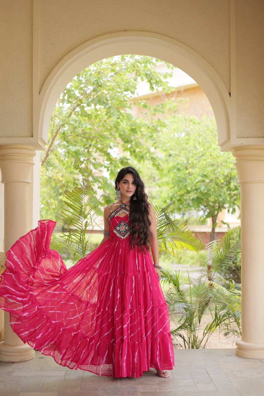 Women’s Navratri Special Bandhani Gown with Traditional Kutchi Work, Embroidered Bodice & Heavy Flared Skirt