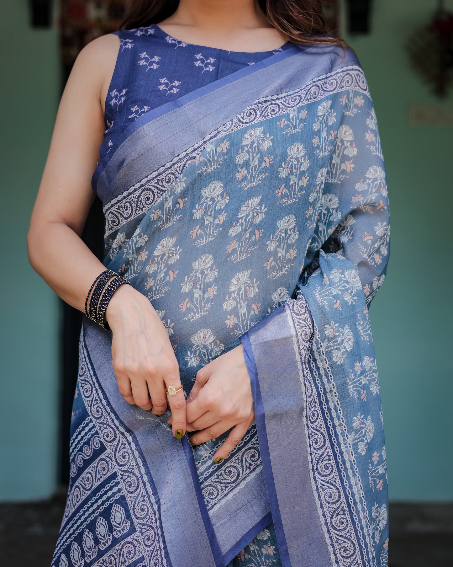 Elegant Blue Linen Cotton Printed Saree with Designer Border