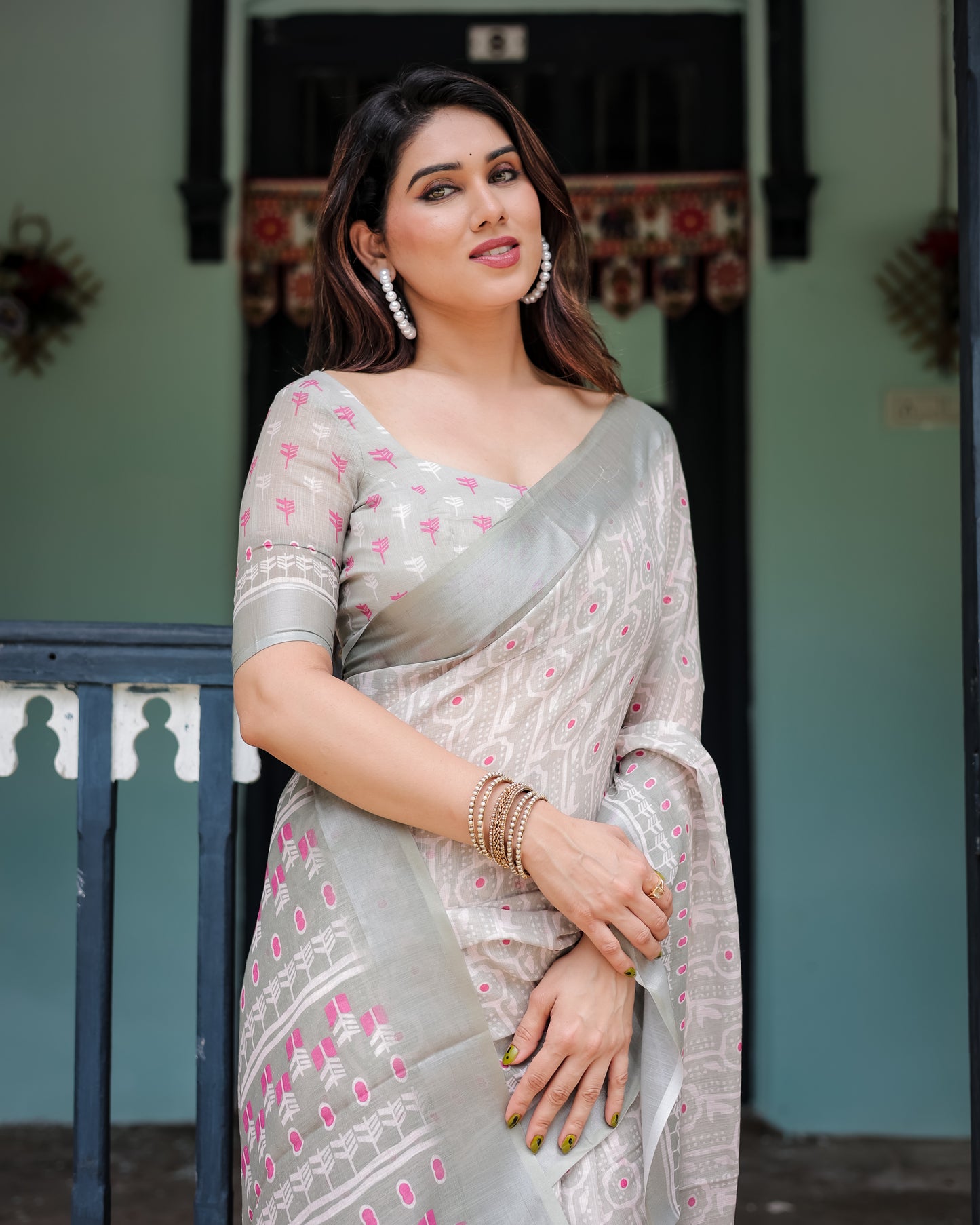 Classic Ikat Linen Cotton Saree with Pink Accents