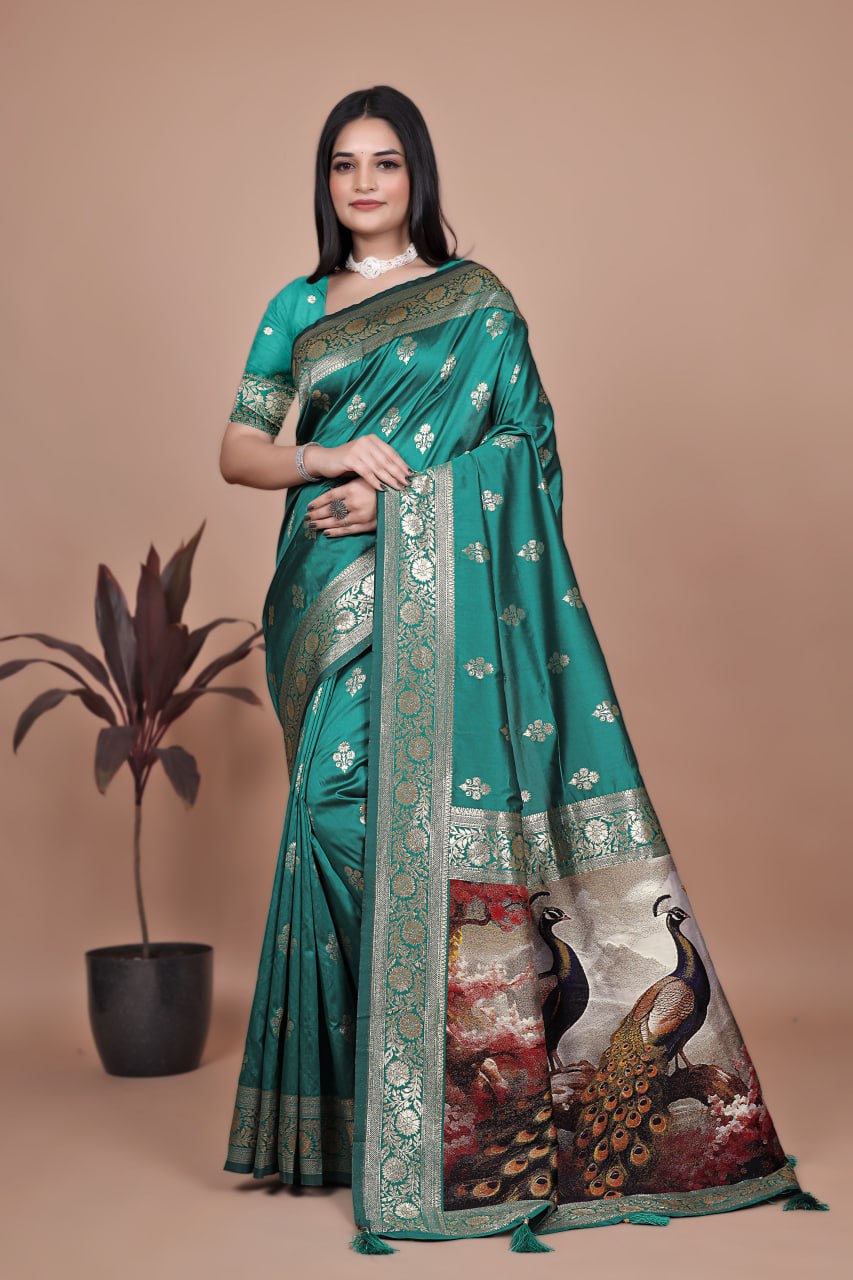 🦚 Jacquard Peacock Weaving Heavy Banarasi Silk Saree | Royal Zari Border ✨