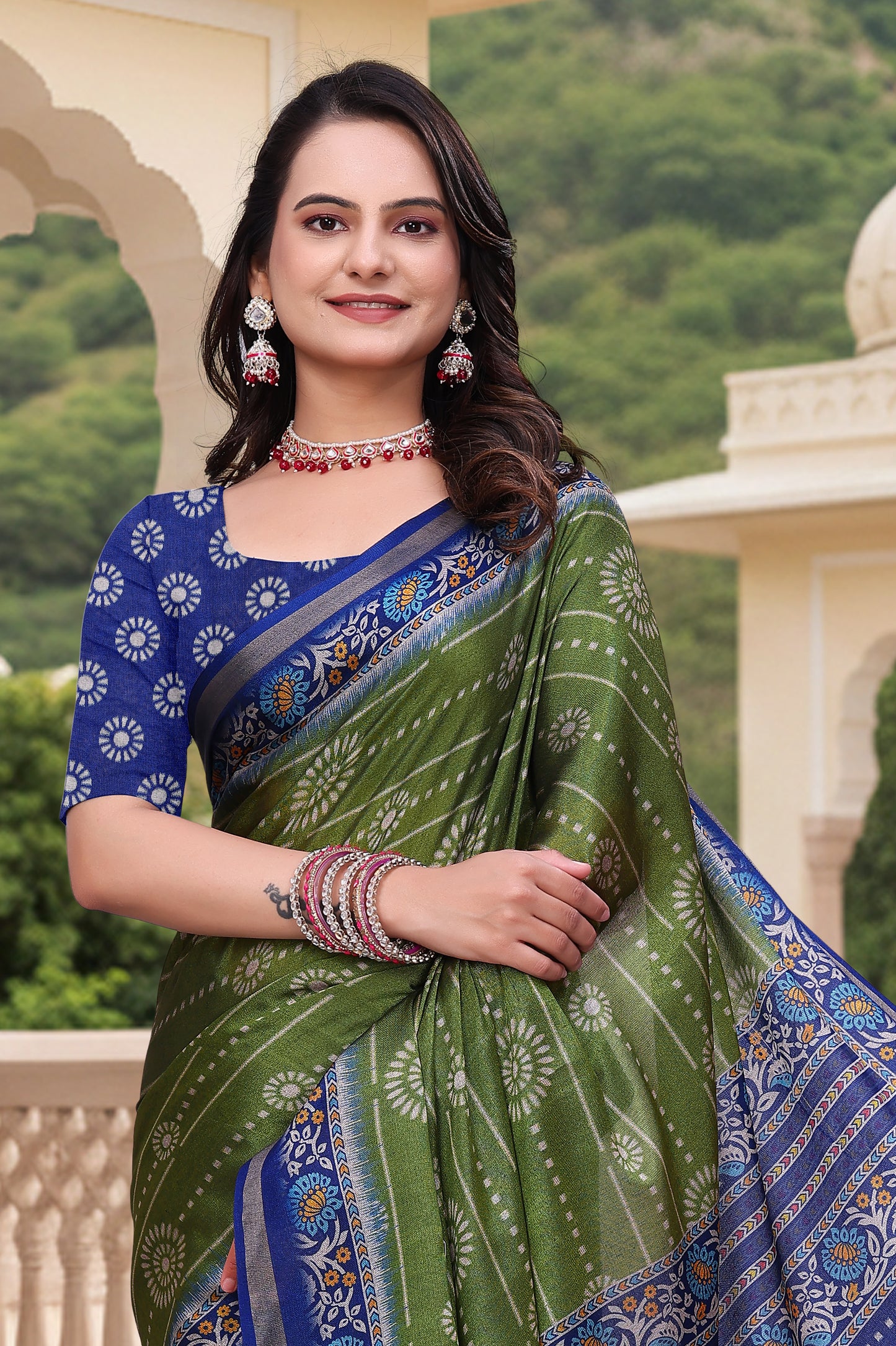 Premium Olive Green Mal Cotton Saree with Royal Blue Border