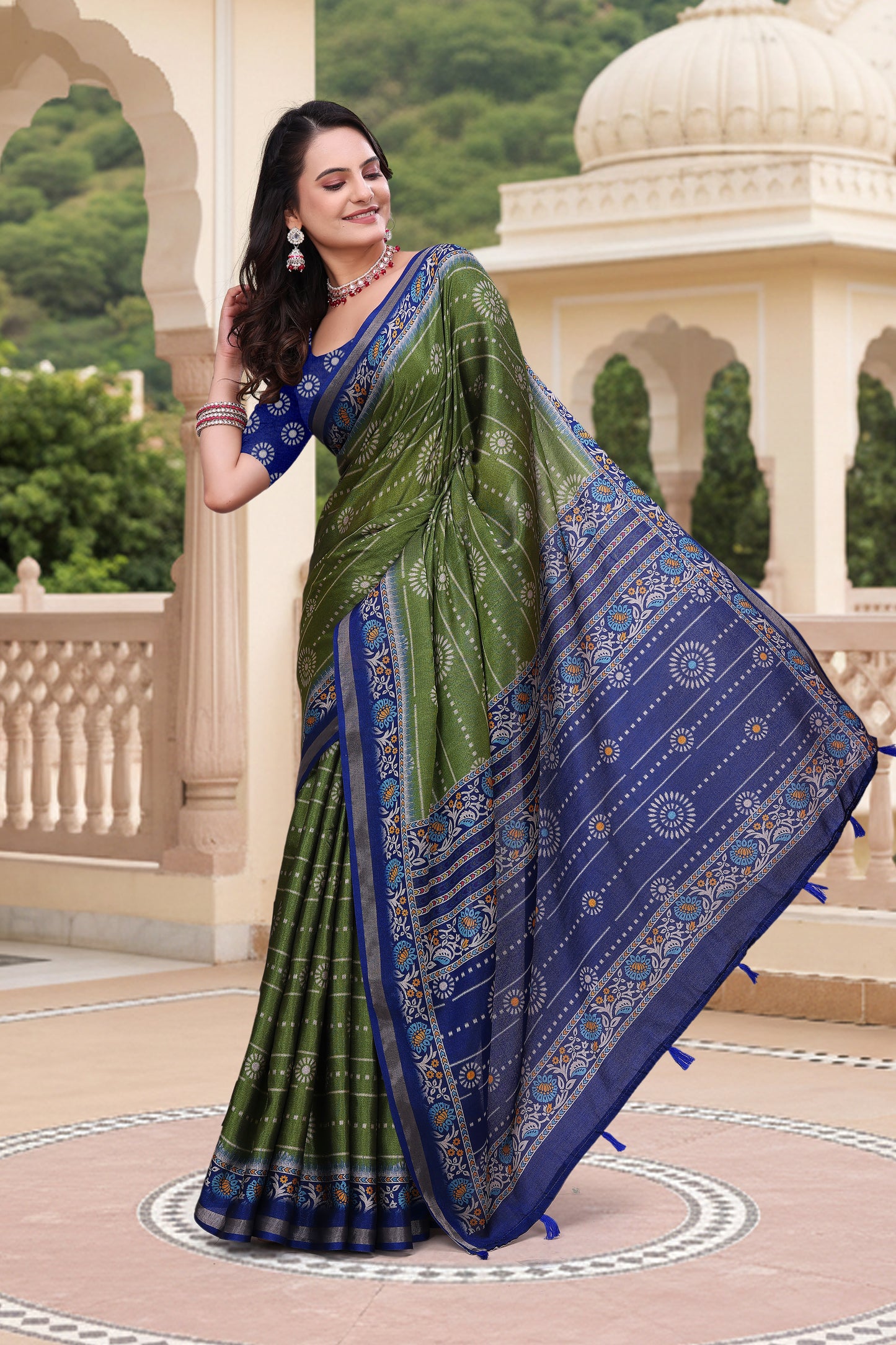 Premium Olive Green Mal Cotton Saree with Royal Blue Border