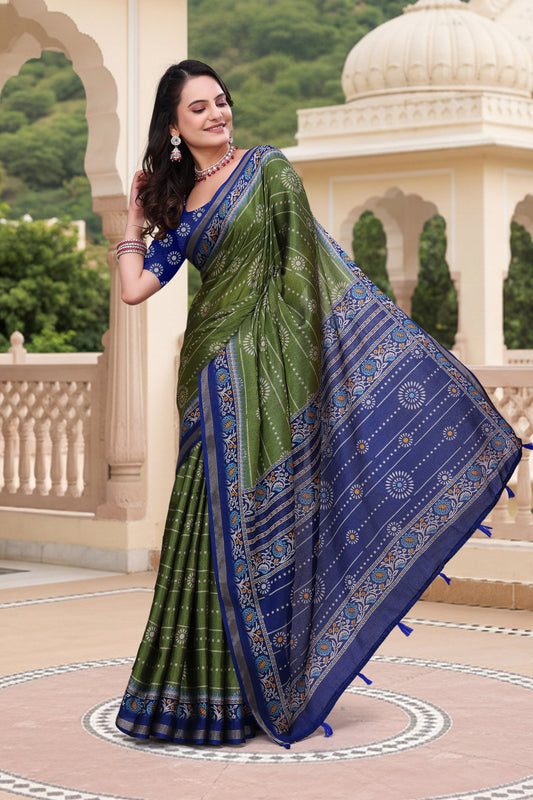 Premium Olive Green Mal Cotton Saree with Royal Blue Border
