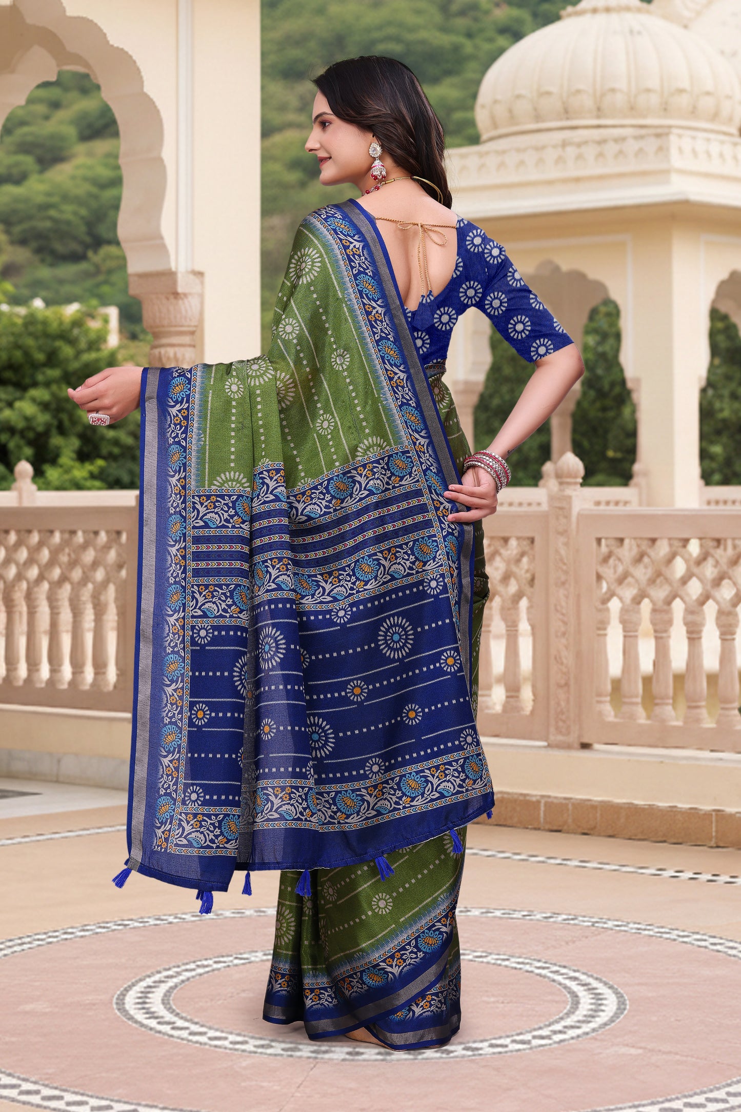 Premium Olive Green Mal Cotton Saree with Royal Blue Border