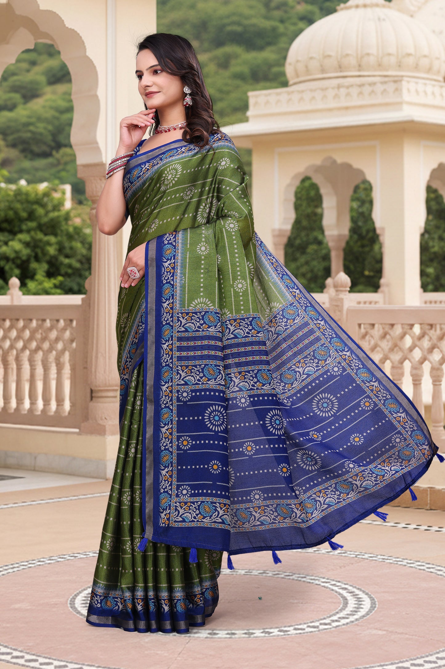 Premium Olive Green Mal Cotton Saree with Royal Blue Border