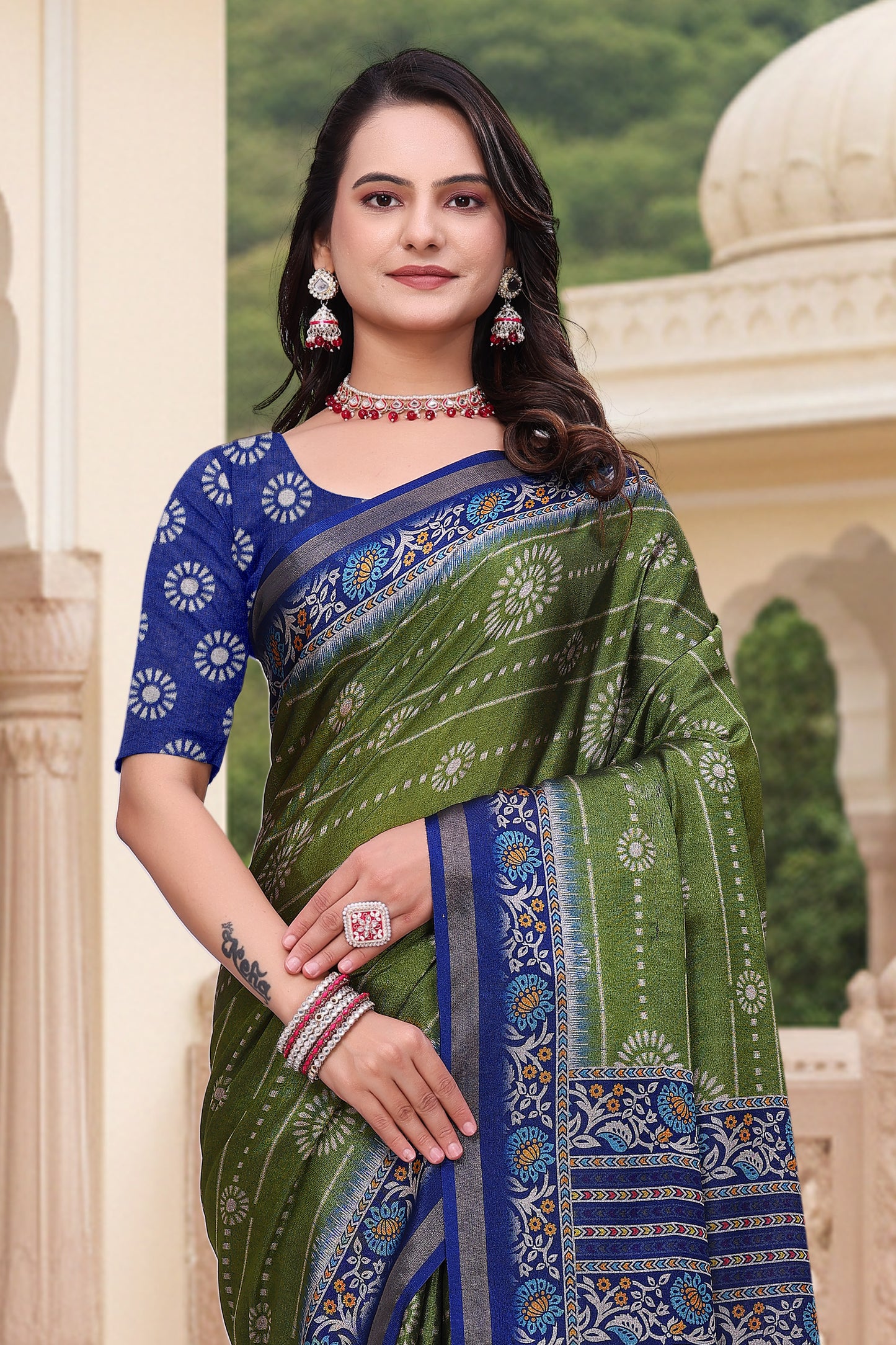 Premium Olive Green Mal Cotton Saree with Royal Blue Border