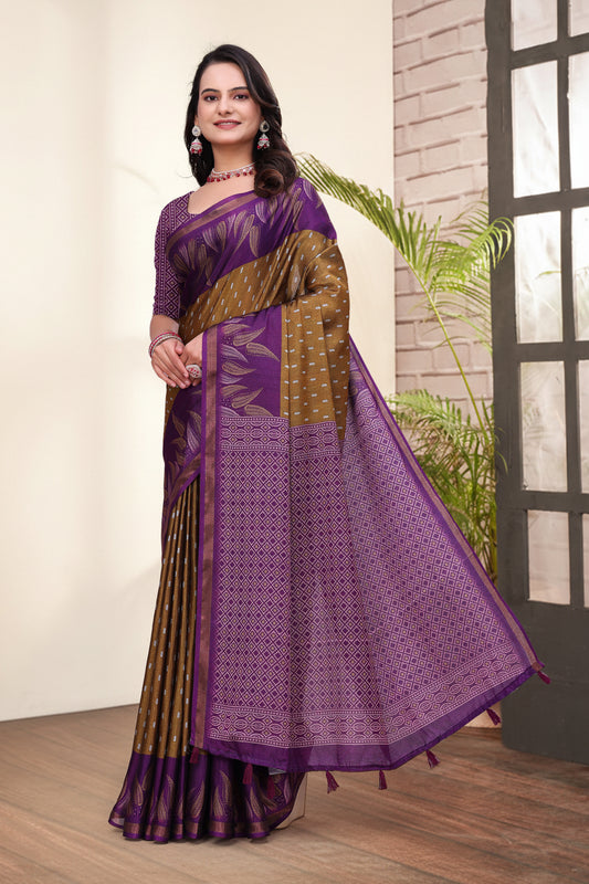 Traditional Brown Mal Cotton Saree with Stylish Pallu