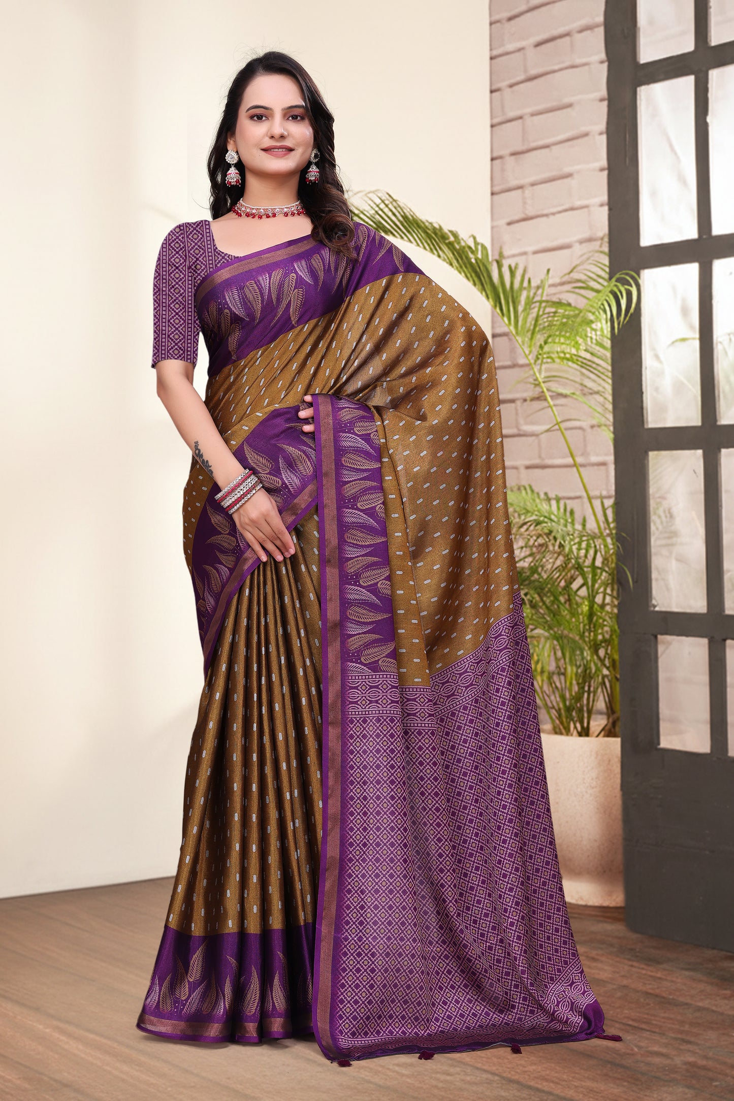 Traditional Brown Mal Cotton Saree with Stylish Pallu