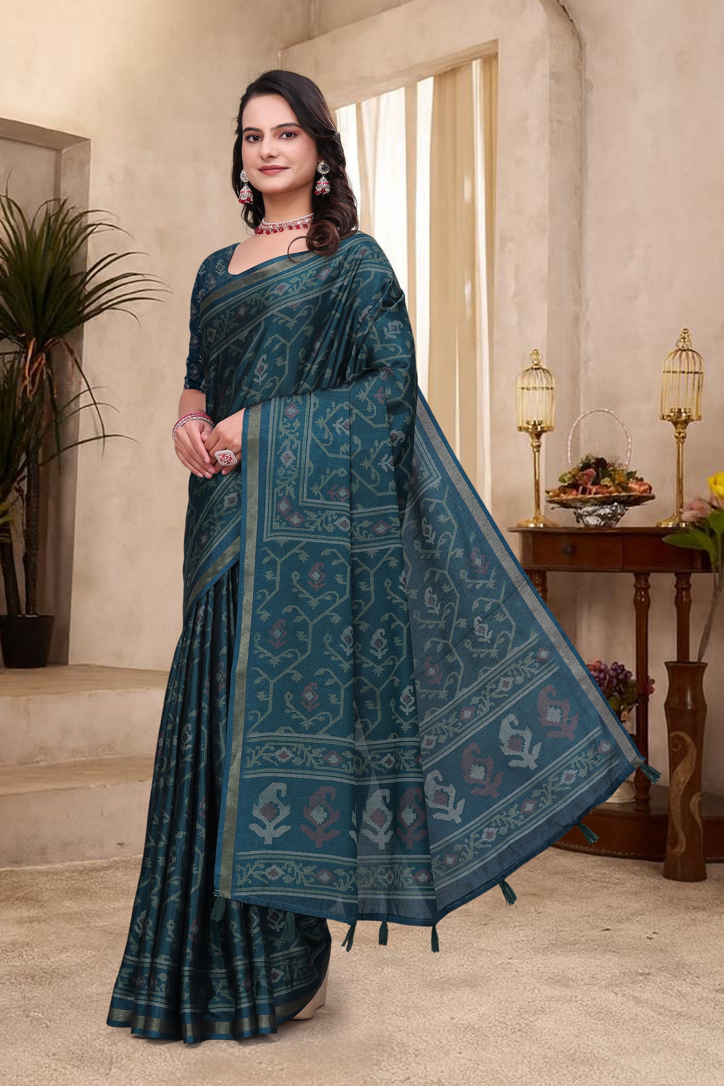Premium Teal Blue Mal Cotton Saree with Stylish Pallu