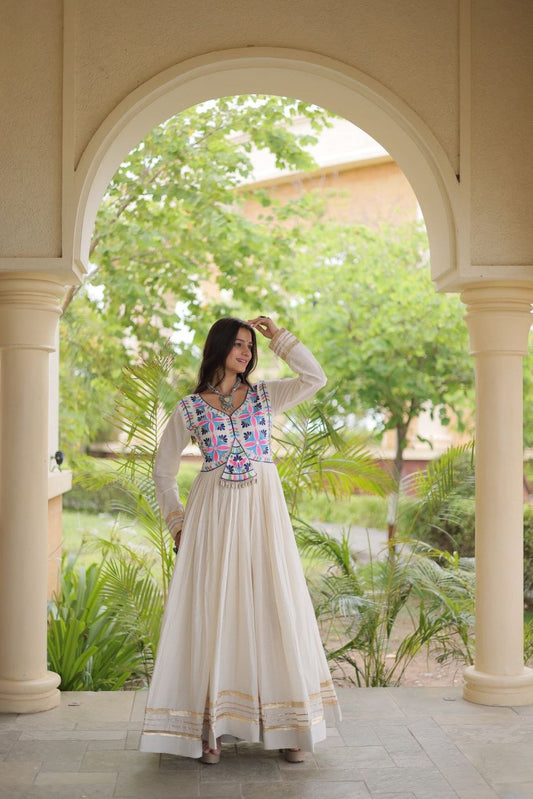 Women’s Navratri Special Multi-Thread Embroidered Gota Patti & Real Mirror Work Flared Gown