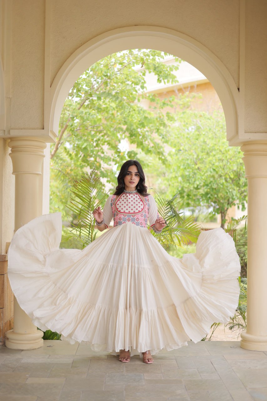 Designer Ethnic Kora Cotton Gown with Mirror Work & 12 Meter Flared Silhouette