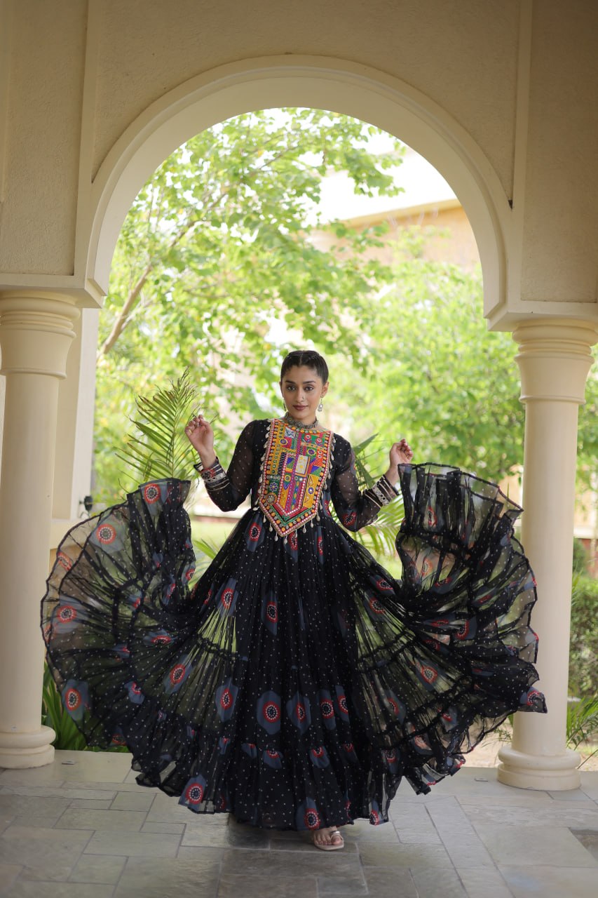 Women’s Navratri Special Bandhani Print Gown with Kutchi Patchwork – 12 Meter Flared Faux Georgette Gown