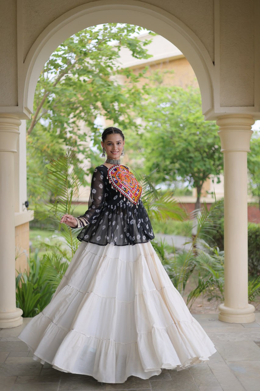 Designer Work Printed Chaniya Choli with Flared White Lehenga