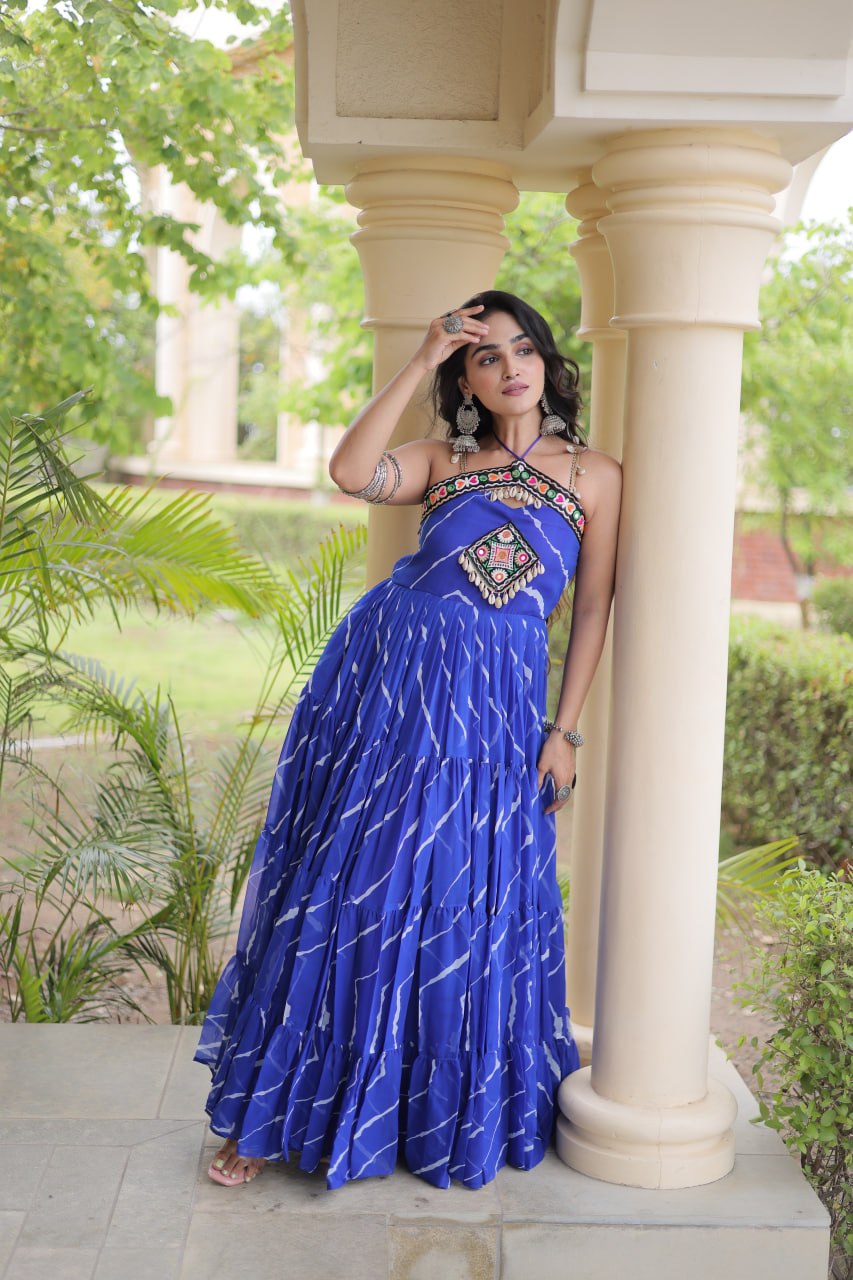 Women’s Navratri Special Bandhani Gown with Traditional Kutchi Work, Embroidered Bodice & Heavy Flared Skirt