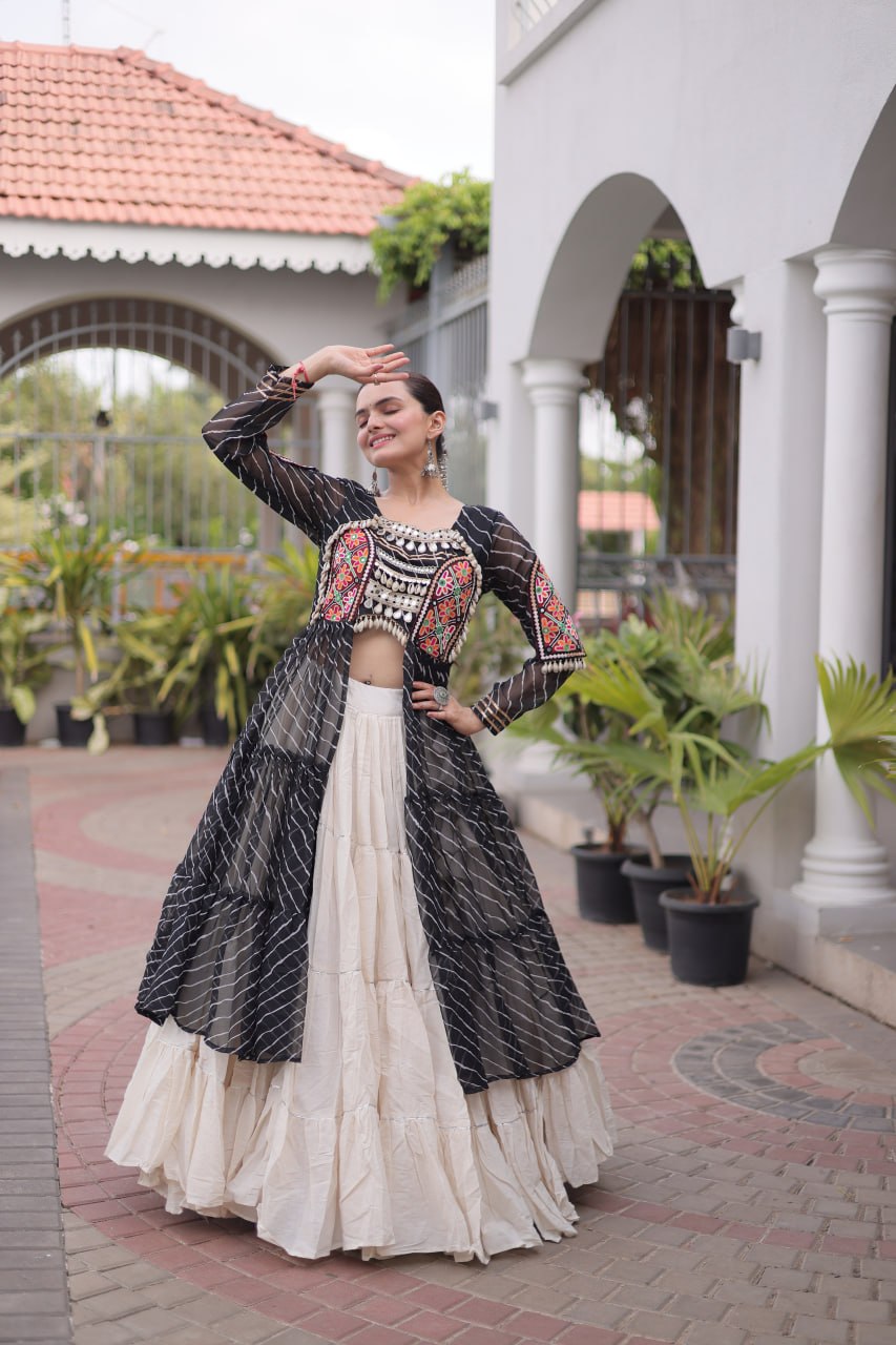 Traditional Kutchi Work Crop Top with Long Shrug and Flared Chaniya Lehenga for Garba & Dandiya
