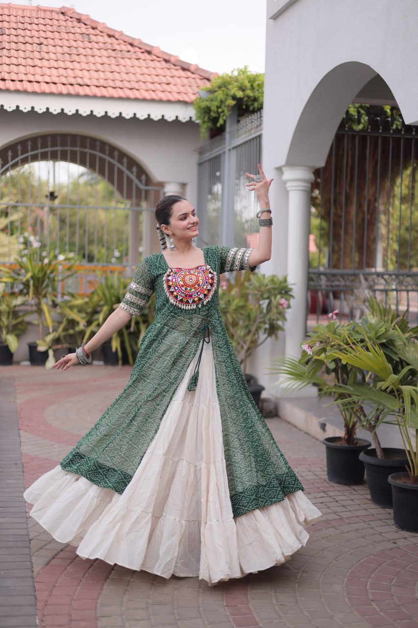 Women’s Designer Bandhani Kurti with Kora Cotton 12 Meter Flared Lehenga – Navratri Special