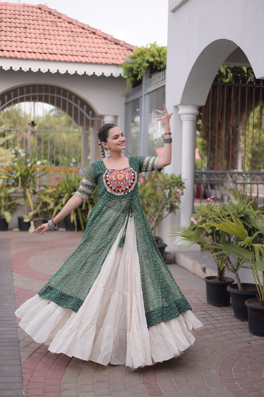 Women’s Designer Bandhani Kurti with Kora Cotton 12 Meter Flared Lehenga – Navratri Special