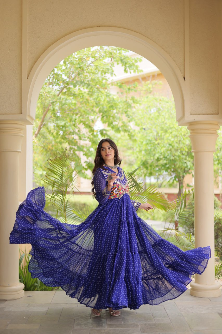 Navratri Special Bandhani Kutchi Work Gown – Heavy Flare
