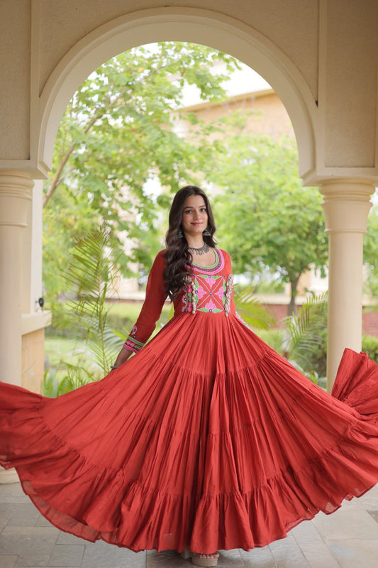 Designer Navratri Kora Cotton Gown with Multi-Thread Embroidery, Mirror & Real Kodi Work – 12 Meter Flair
