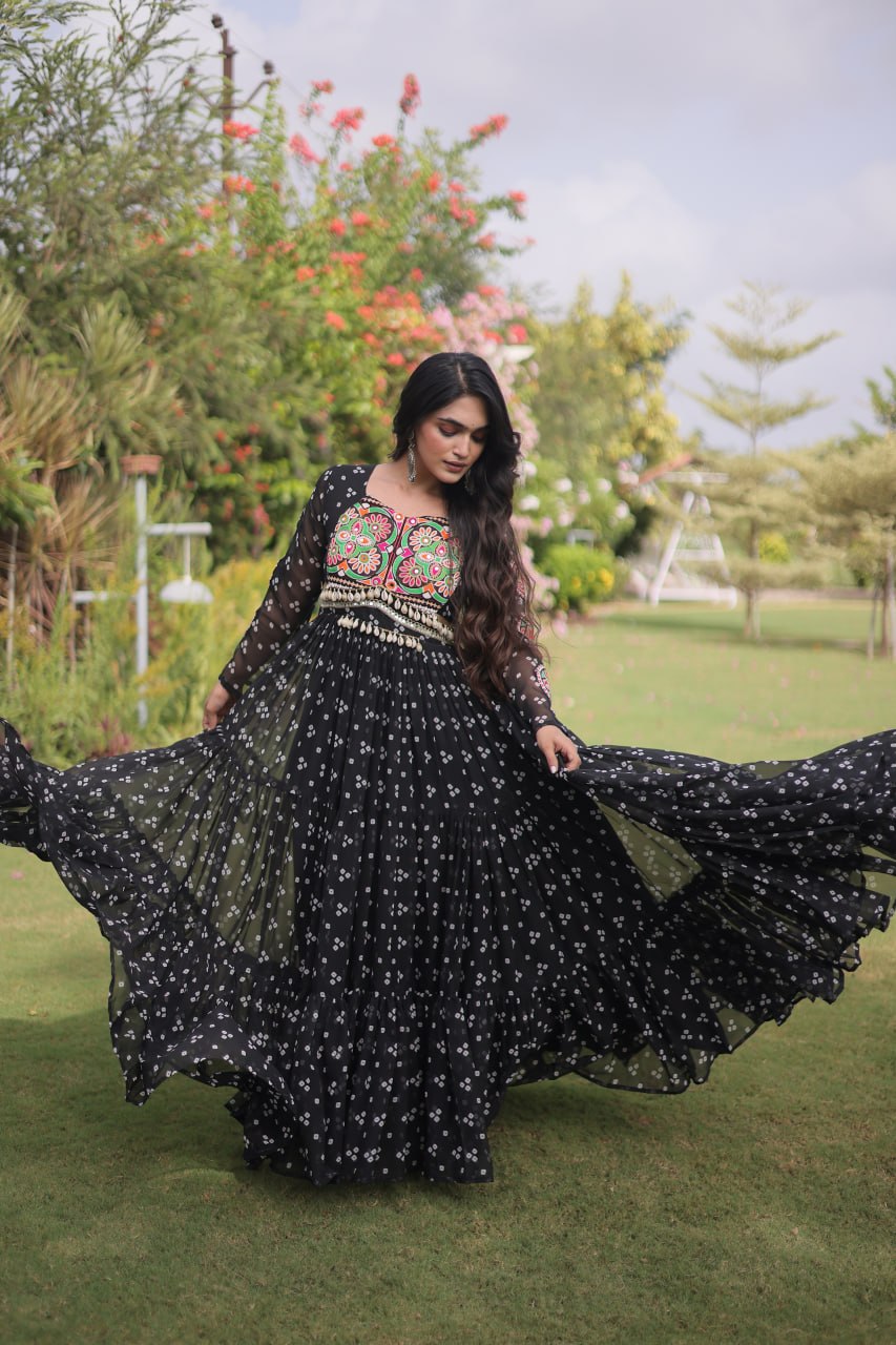 Women’s Navratri Special Designer Gown with Traditional Kutchi Work, Bandhani Print & Flared Silhouette