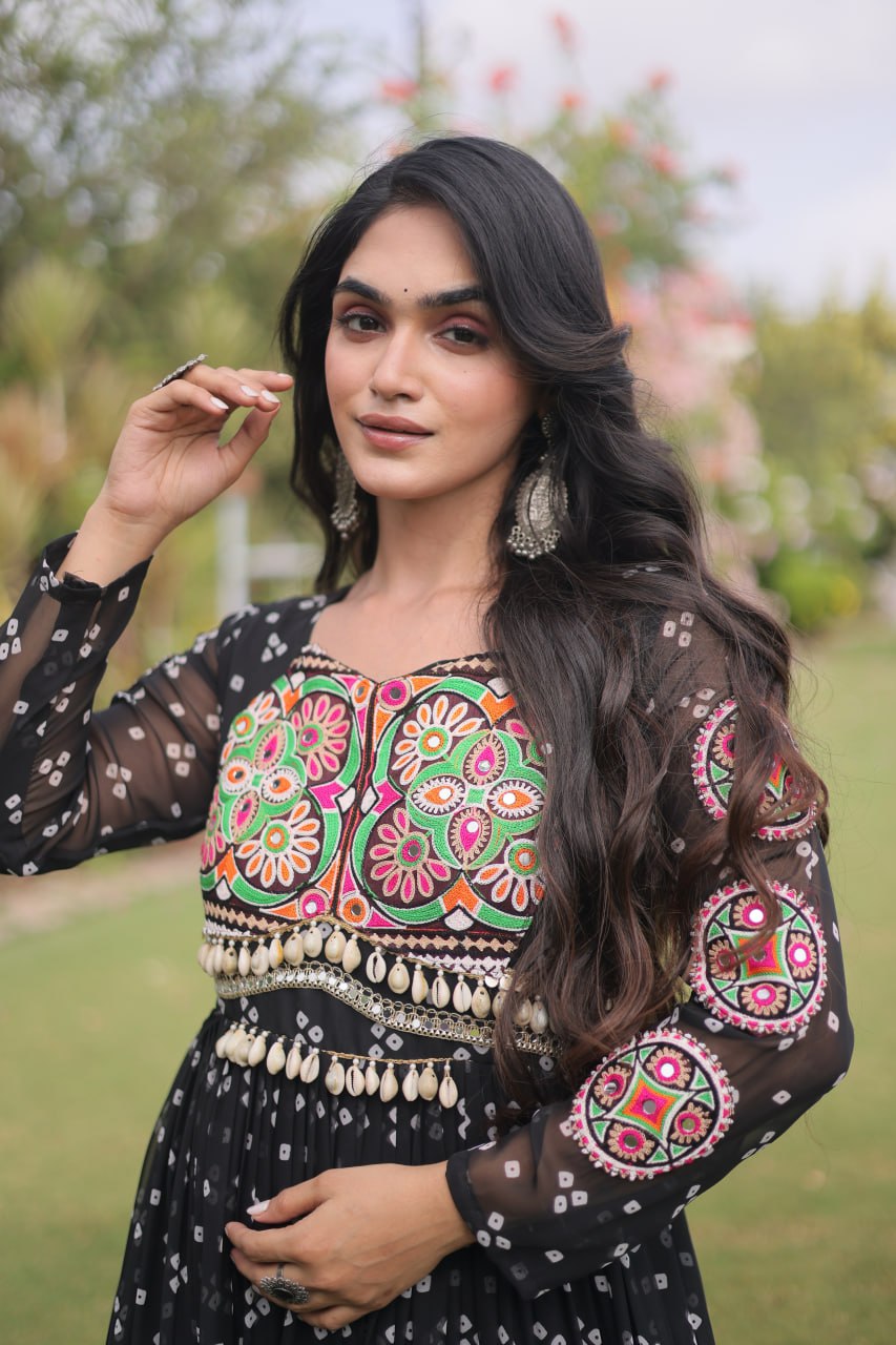 Women’s Navratri Special Designer Gown with Traditional Kutchi Work, Bandhani Print & Flared Silhouette