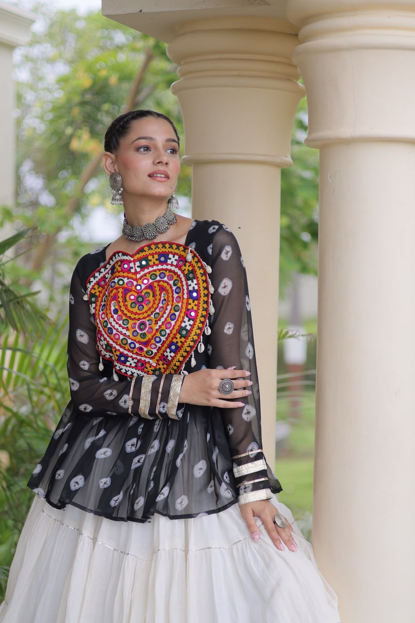Designer Work Printed Chaniya Choli with Flared White Lehenga