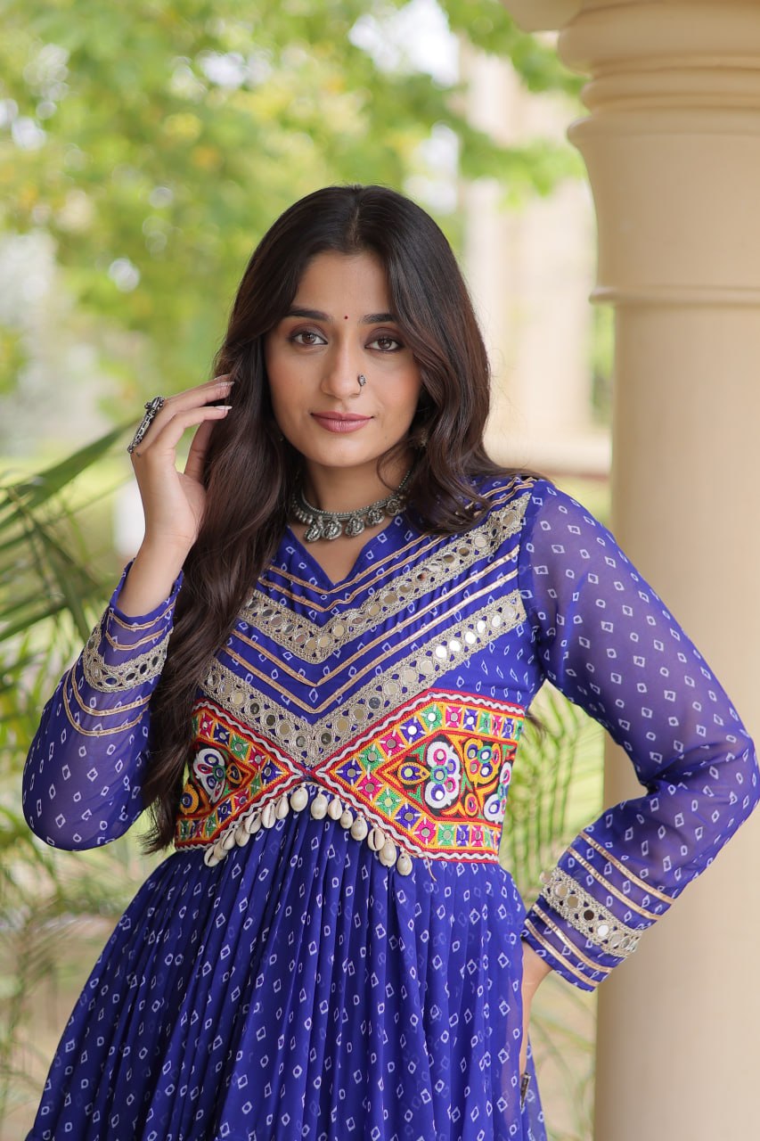 Navratri Special Bandhani Kutchi Work Gown – Heavy Flare