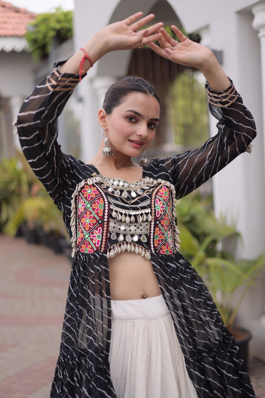 Traditional Kutchi Work Crop Top with Long Shrug and Flared Chaniya Lehenga for Garba & Dandiya