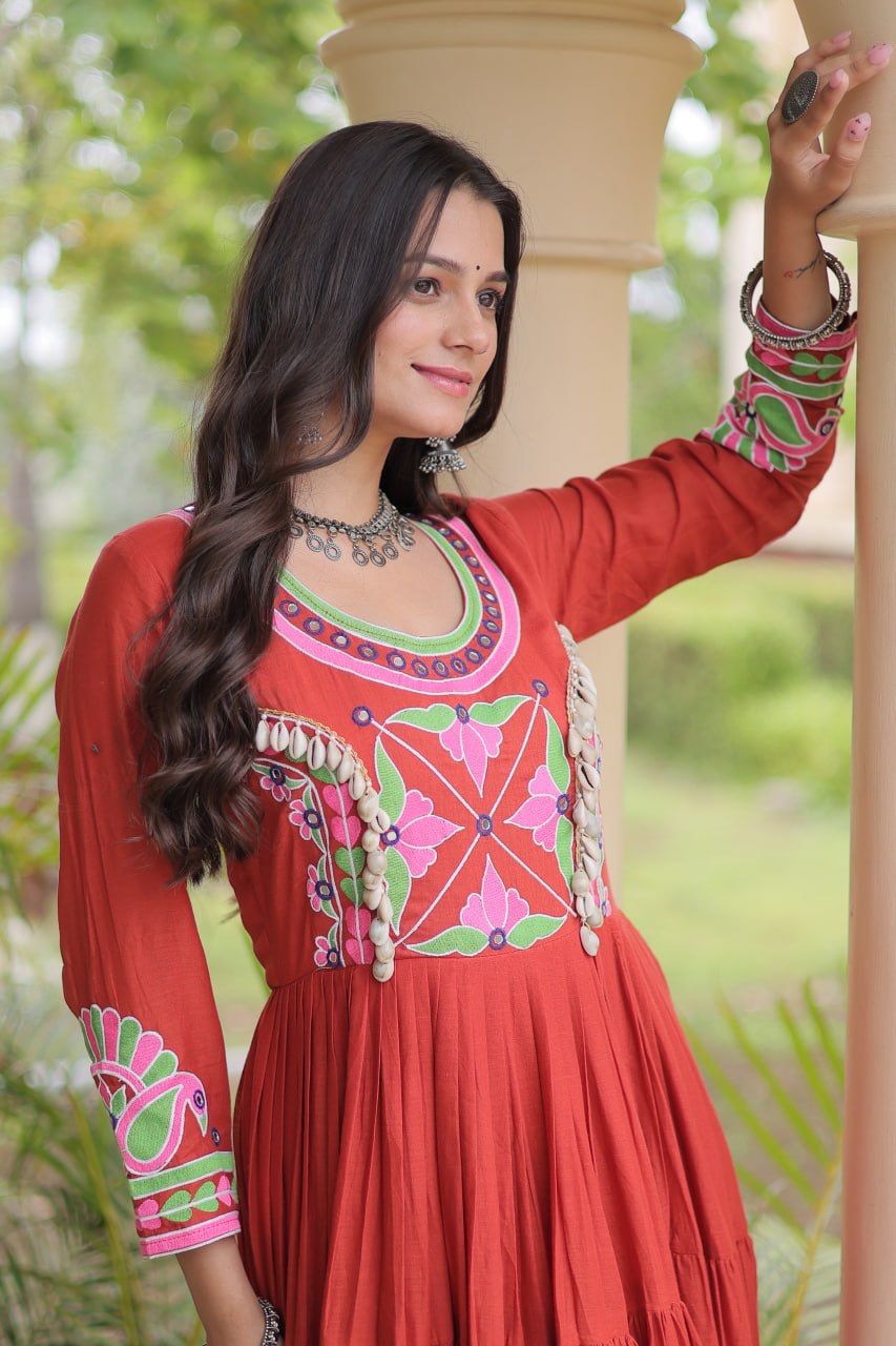 Designer Navratri Kora Cotton Gown with Multi-Thread Embroidery, Mirror & Real Kodi Work – 12 Meter Flair