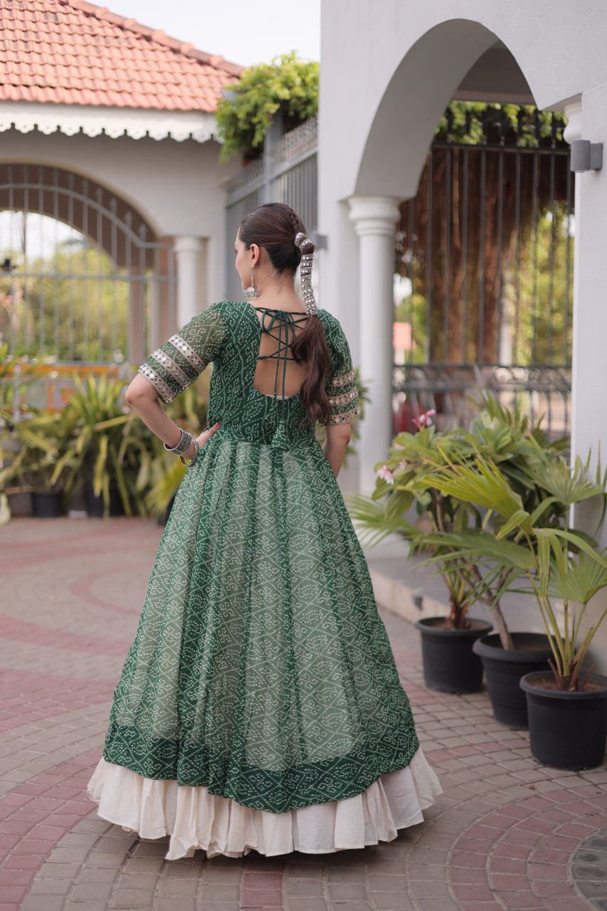 Women’s Designer Bandhani Kurti with Kora Cotton 12 Meter Flared Lehenga – Navratri Special