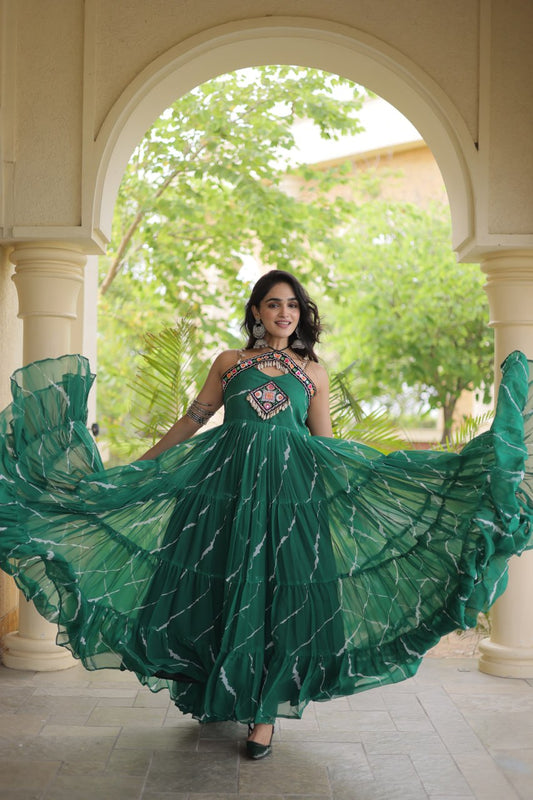 Women’s Navratri Special Bandhani Gown with Traditional Kutchi Work, Embroidered Bodice & Heavy Flared Skirt