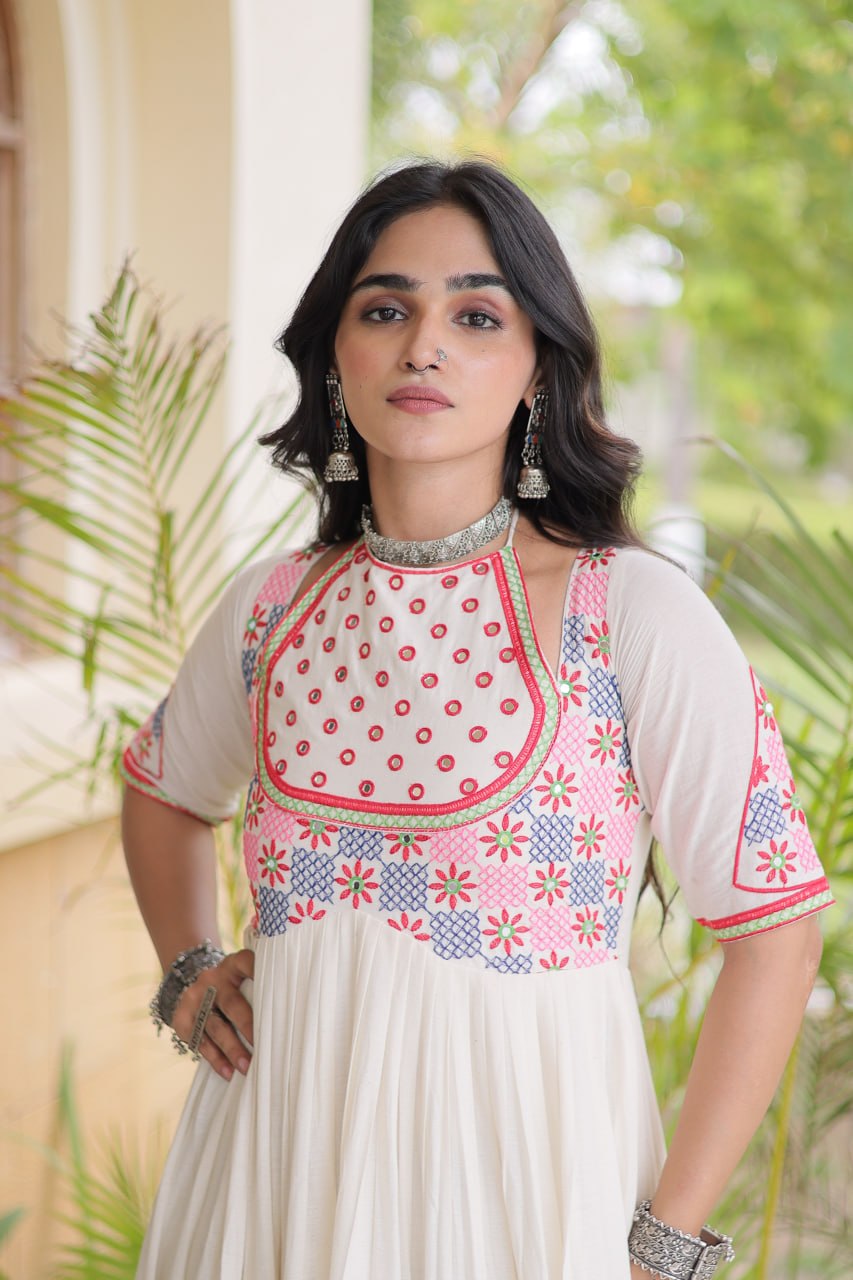 Designer Ethnic Kora Cotton Gown with Mirror Work & 12 Meter Flared Silhouette