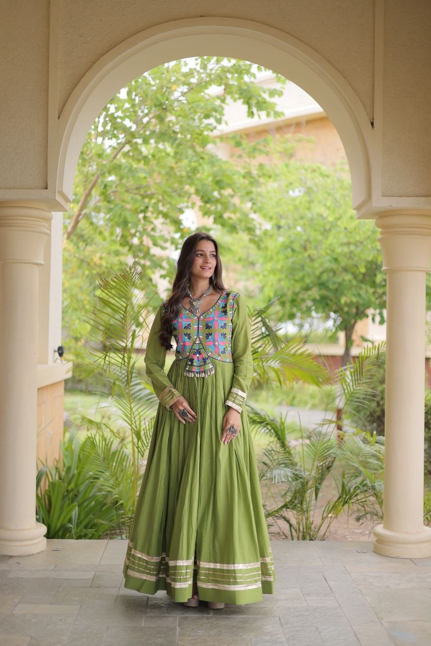 Women’s Navratri Special Multi-Thread Embroidered Gota Patti & Real Mirror Work Flared Gown