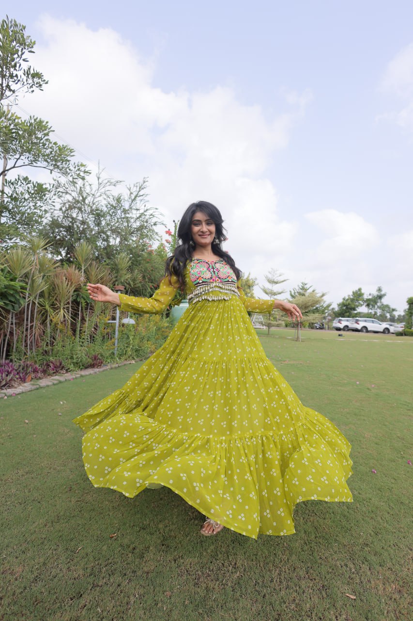 Women’s Navratri Special Designer Gown with Traditional Kutchi Work, Bandhani Print & Flared Silhouette