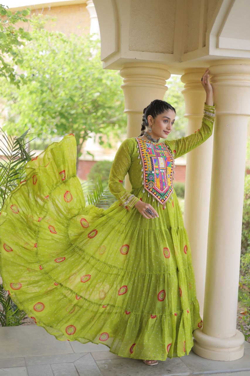 Women’s Navratri Special Bandhani Print Gown with Kutchi Patchwork – 12 Meter Flared Faux Georgette Gown