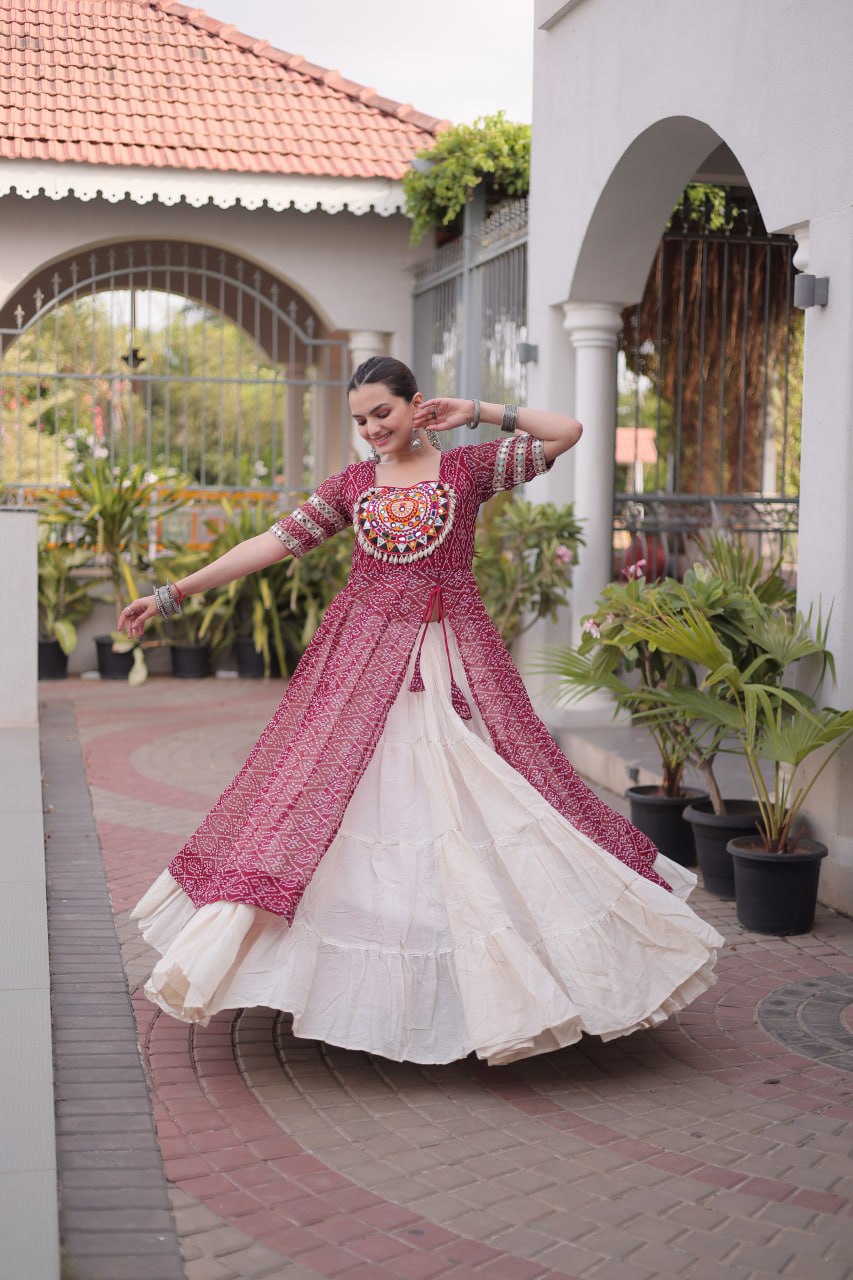 Women’s Designer Bandhani Kurti with Kora Cotton 12 Meter Flared Lehenga – Navratri Special