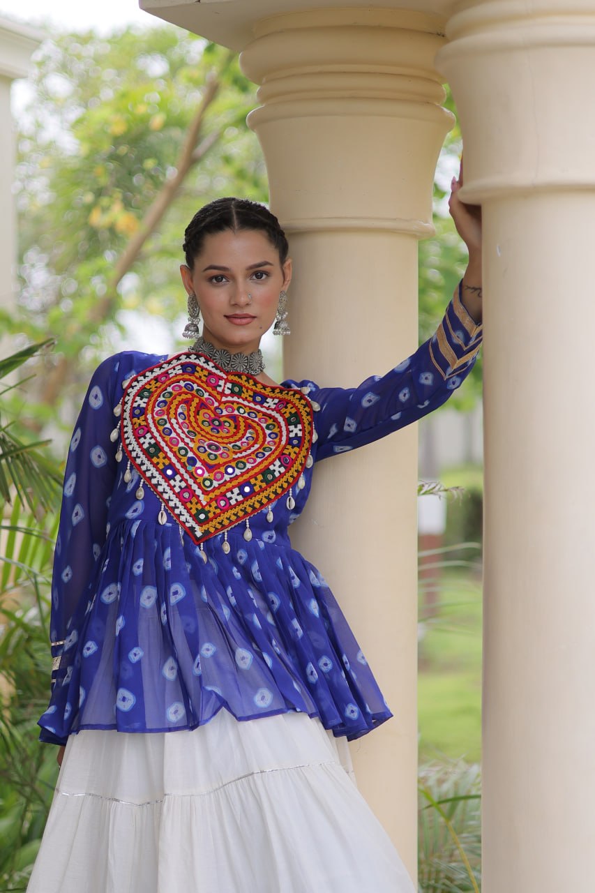 Designer Work Printed Chaniya Choli with Flared White Lehenga