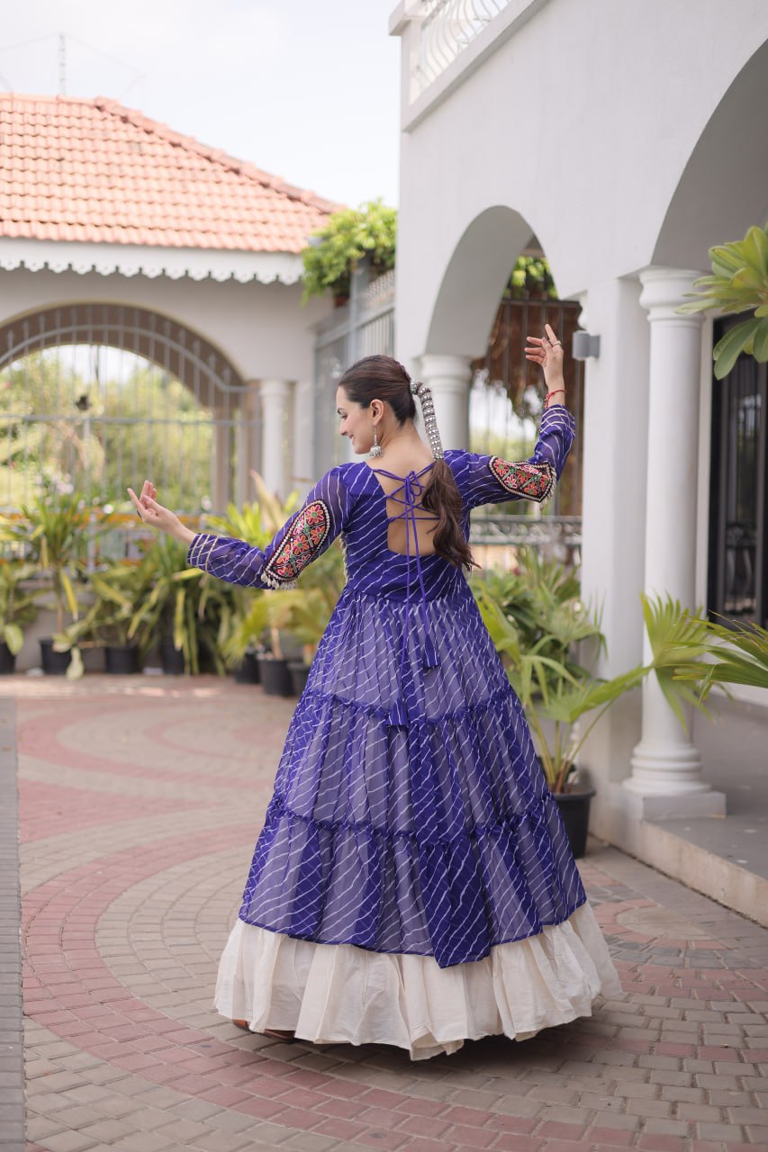 Traditional Kutchi Work Crop Top with Long Shrug and Flared Chaniya Lehenga for Garba & Dandiya