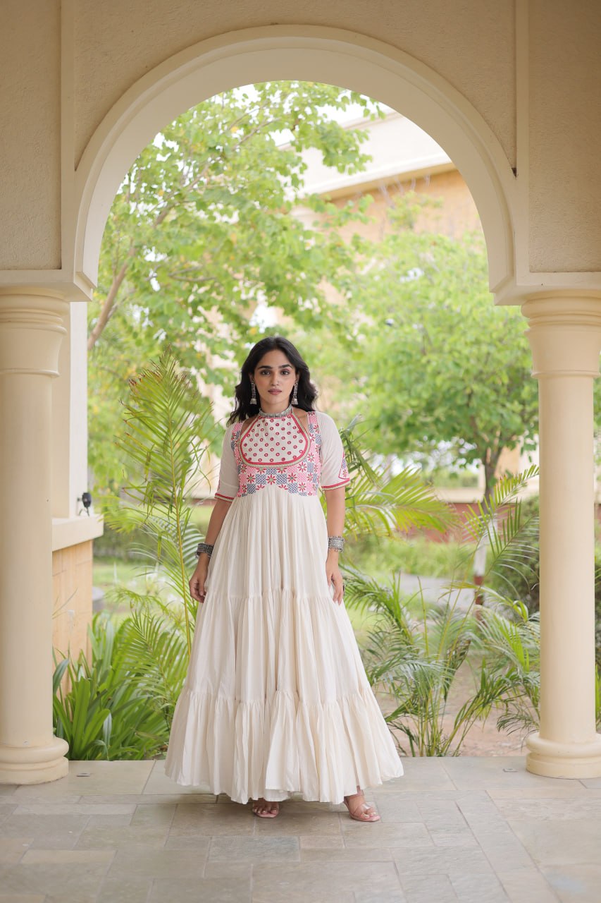 Designer Ethnic Kora Cotton Gown with Mirror Work & 12 Meter Flared Silhouette