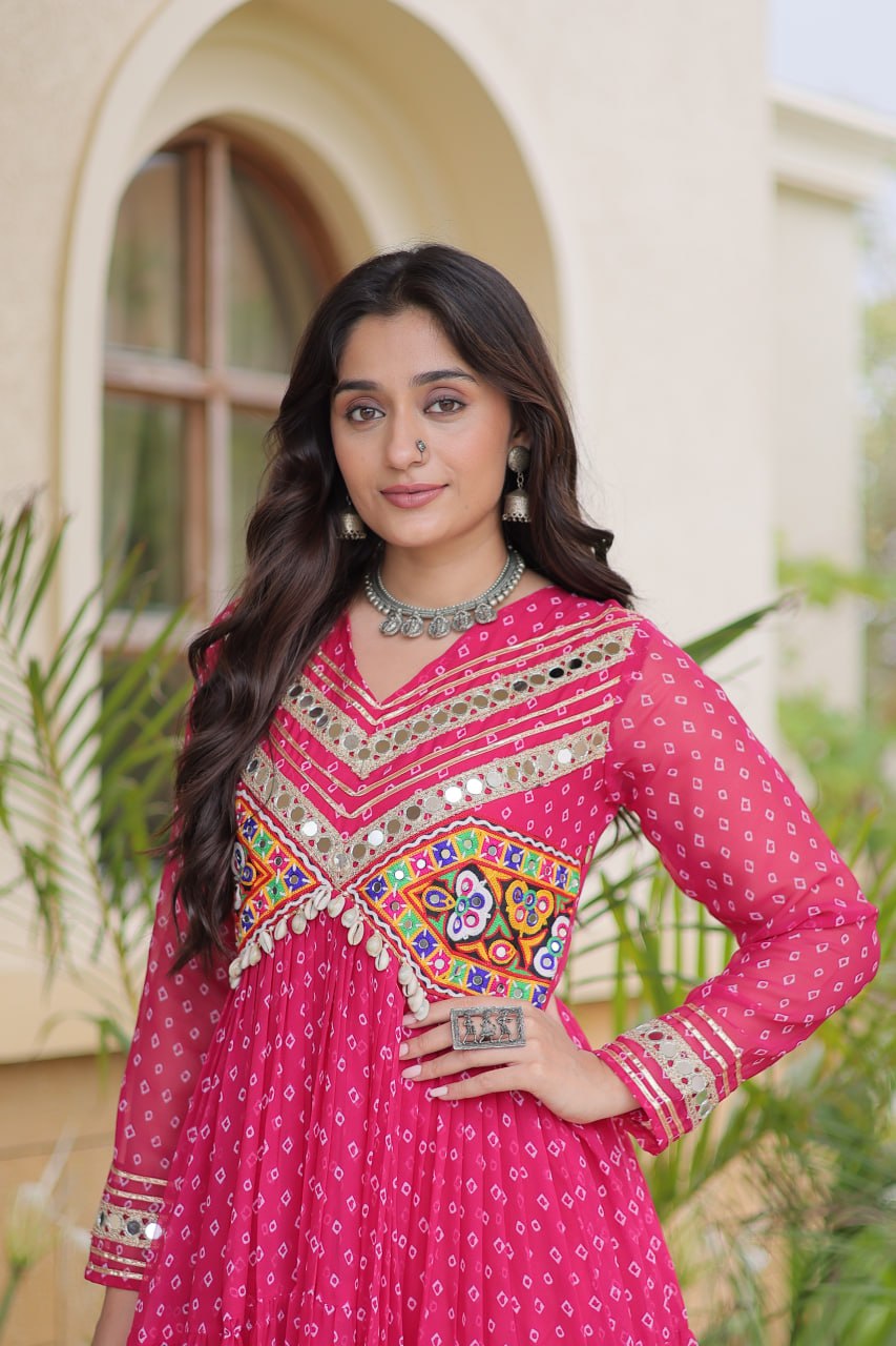 Navratri Special Bandhani Kutchi Work Gown – Heavy Flare
