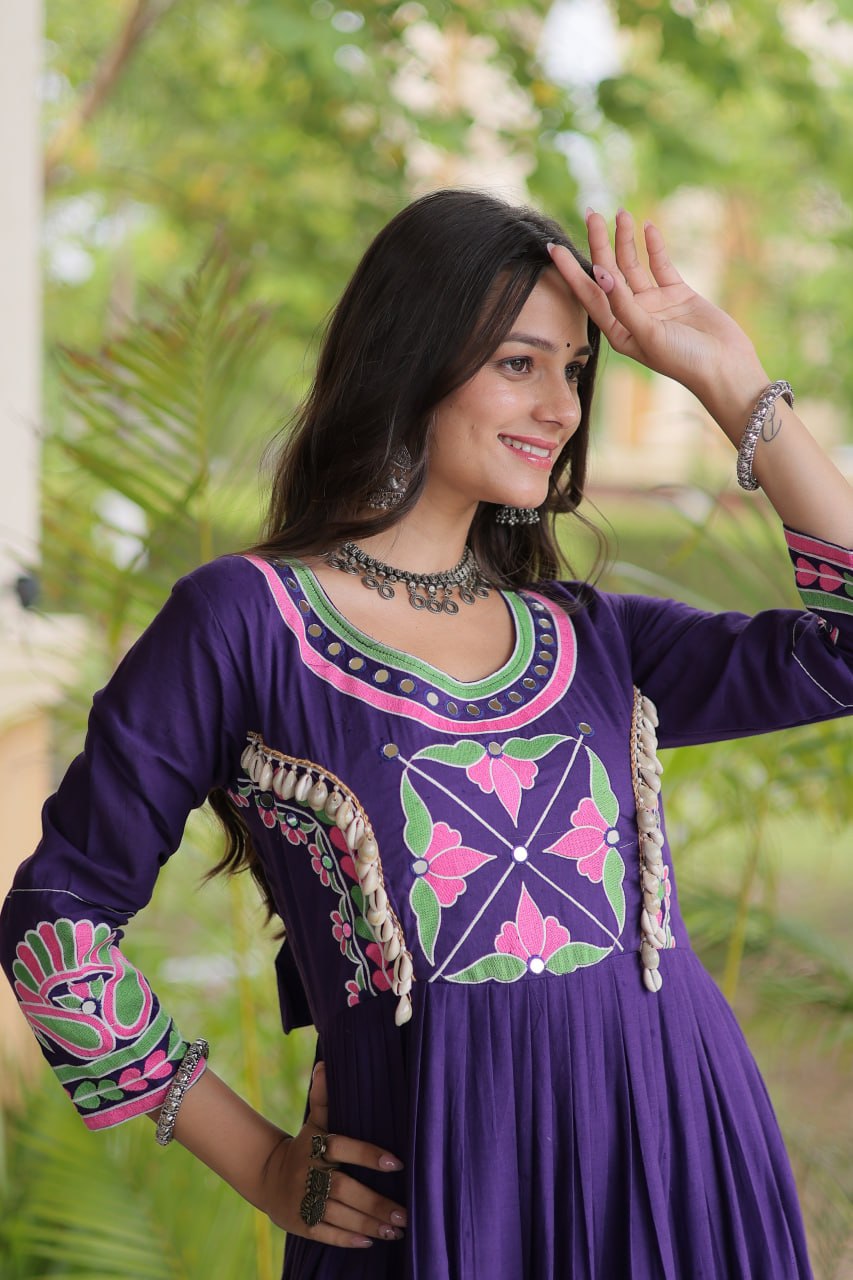 Designer Navratri Kora Cotton Gown with Multi-Thread Embroidery, Mirror & Real Kodi Work – 12 Meter Flair
