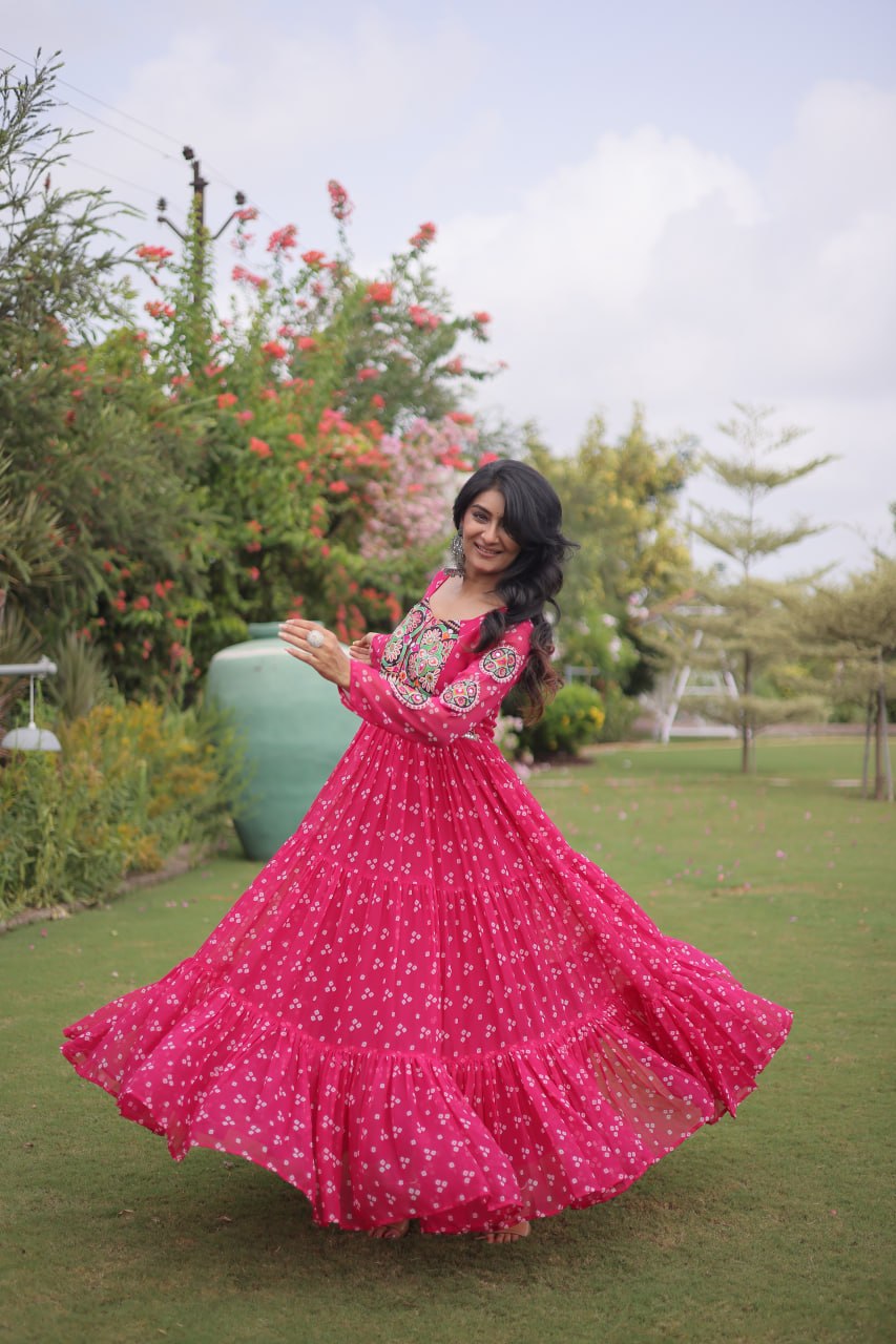 Women’s Navratri Special Designer Gown with Traditional Kutchi Work, Bandhani Print & Flared Silhouette
