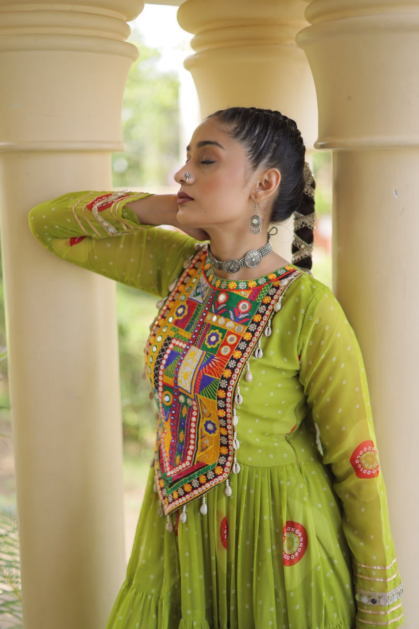 Women’s Navratri Special Bandhani Print Gown with Kutchi Patchwork – 12 Meter Flared Faux Georgette Gown