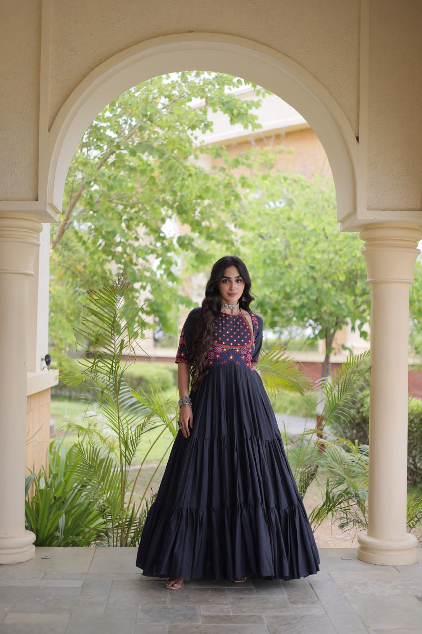 Designer Ethnic Kora Cotton Gown with Mirror Work & 12 Meter Flared Silhouette