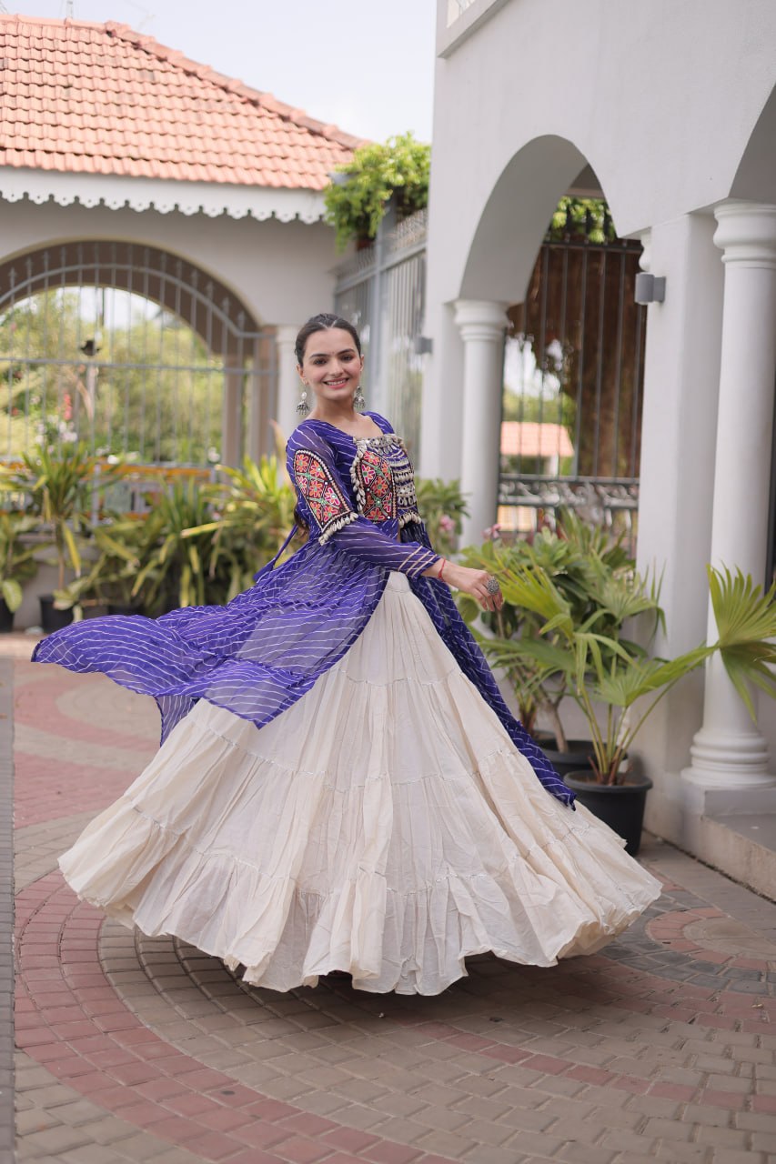 Traditional Kutchi Work Crop Top with Long Shrug and Flared Chaniya Lehenga for Garba & Dandiya