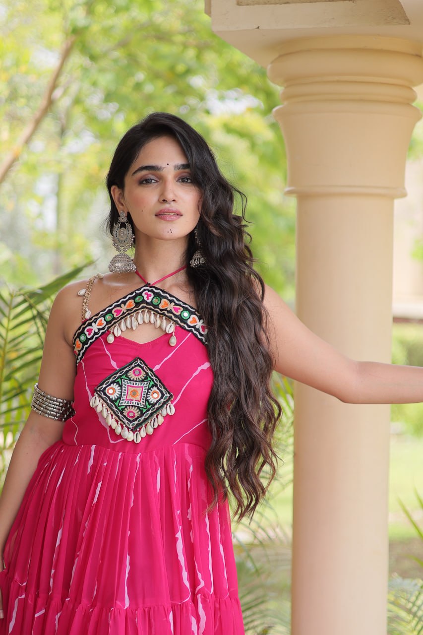 Women’s Navratri Special Bandhani Gown with Traditional Kutchi Work, Embroidered Bodice & Heavy Flared Skirt