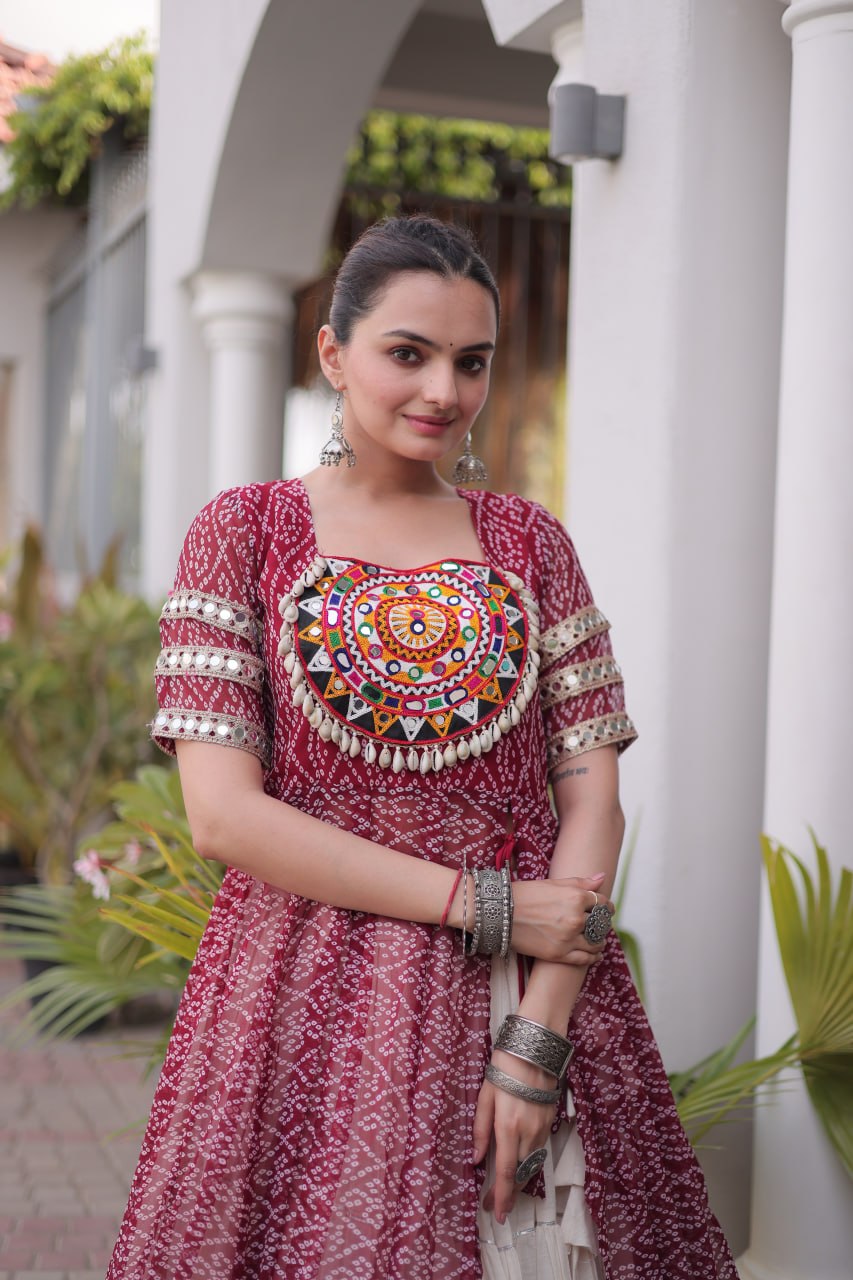 Women’s Designer Bandhani Kurti with Kora Cotton 12 Meter Flared Lehenga – Navratri Special