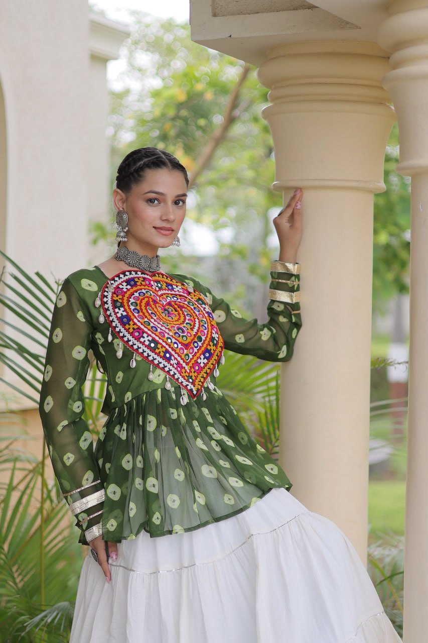 Designer Work Printed Chaniya Choli with Flared White Lehenga